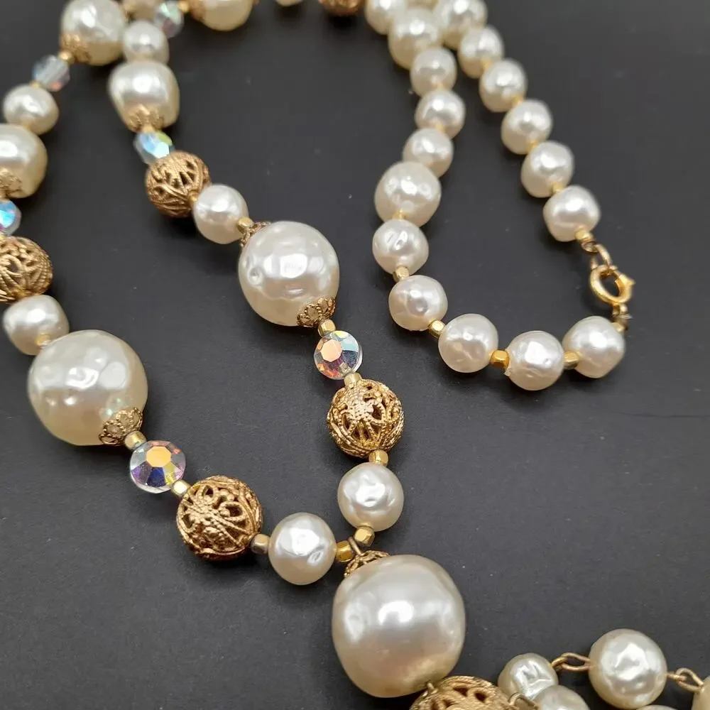 Vintage Faux Pearl Tassel Necklace, Aurora Borealis Crystals, 26